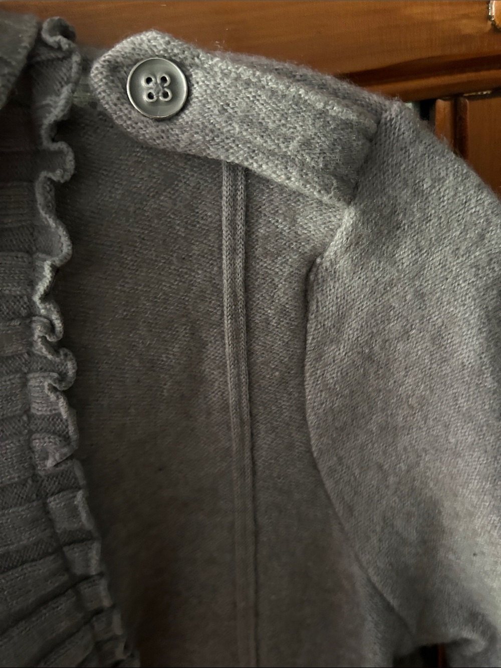 White House Black Market Gray Ruffle Trim Shawl Collar Sweater Jacket - Picture 6 of 7